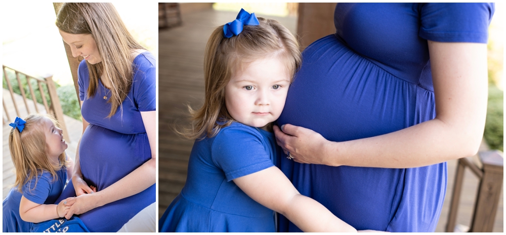 mom and daughter cuddling in maternity portraits