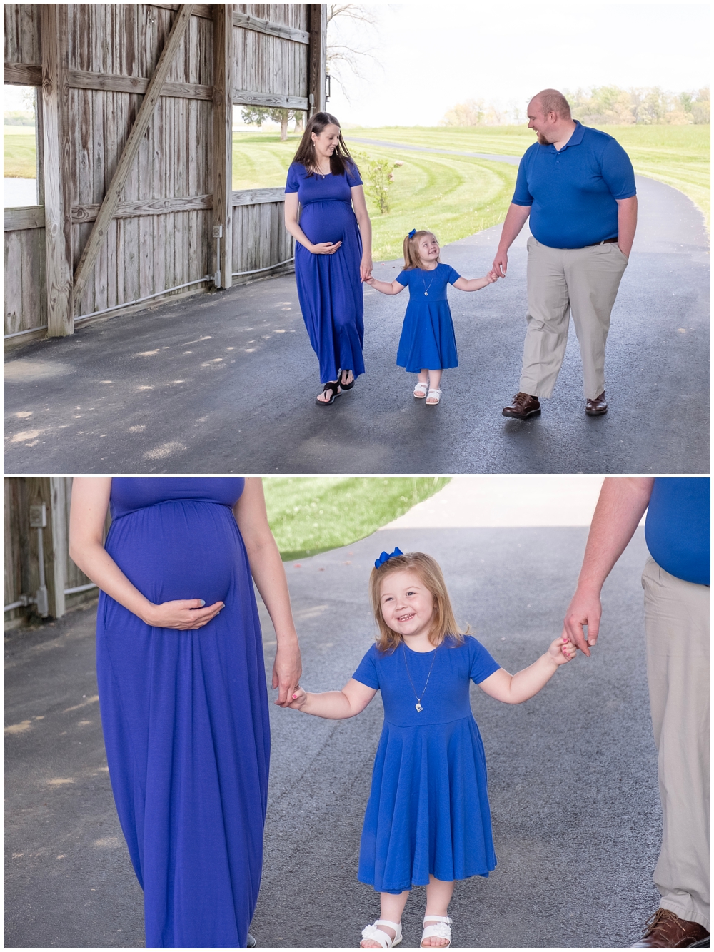 Family walking together during maternity portraits