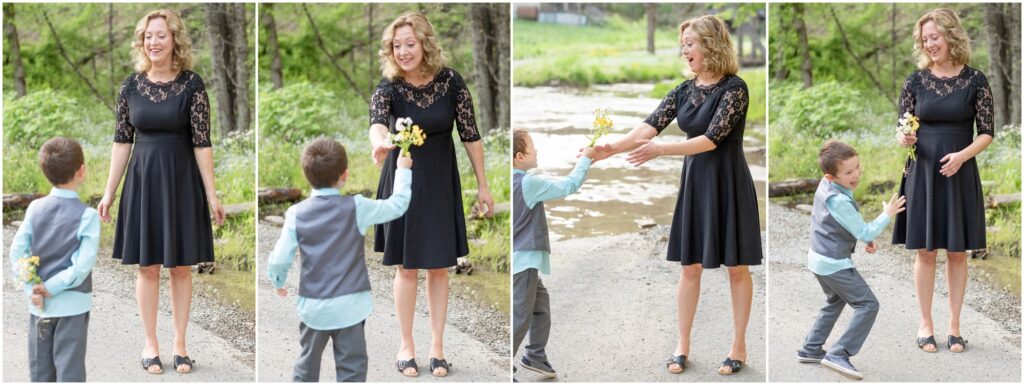 a little boy giving his mommy flowers