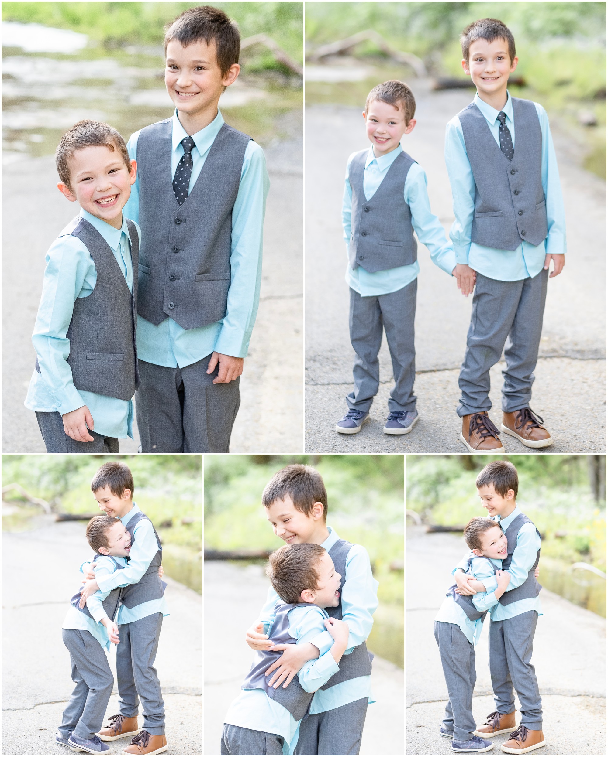 two brothers hugging and laughing during their portraits