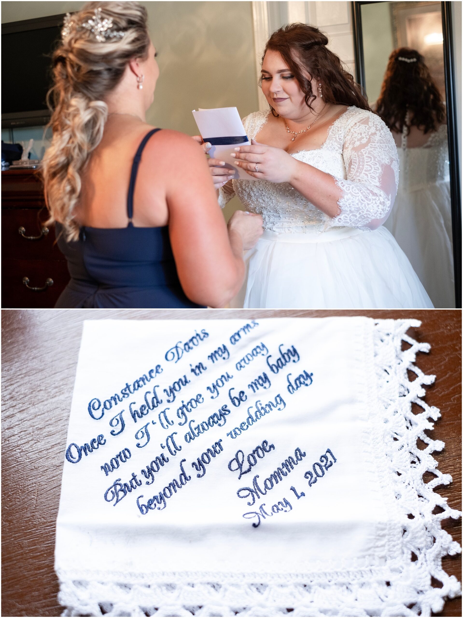 the bride's mom giving her a handkerchief to get through the emotional day