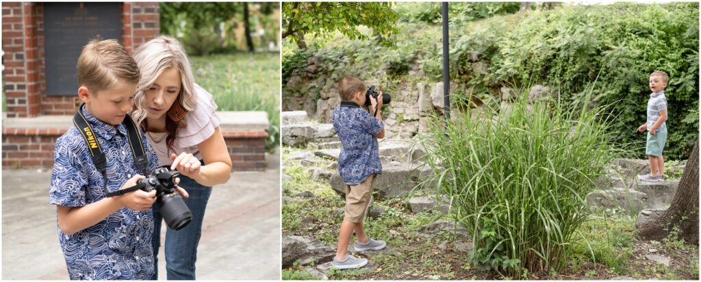 a child taking photos with his camera during family session