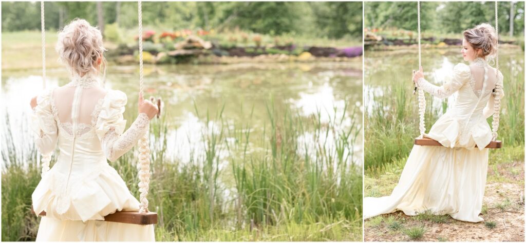 bride sitting on swing beside the pond