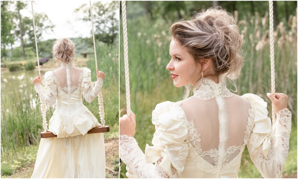 view of back of dress as bride sits on swing