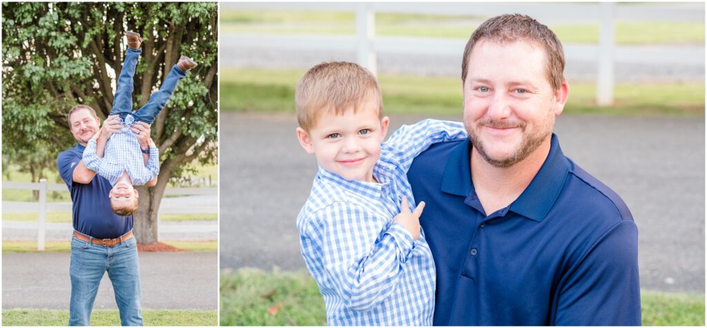 portraits of father and son goofing off