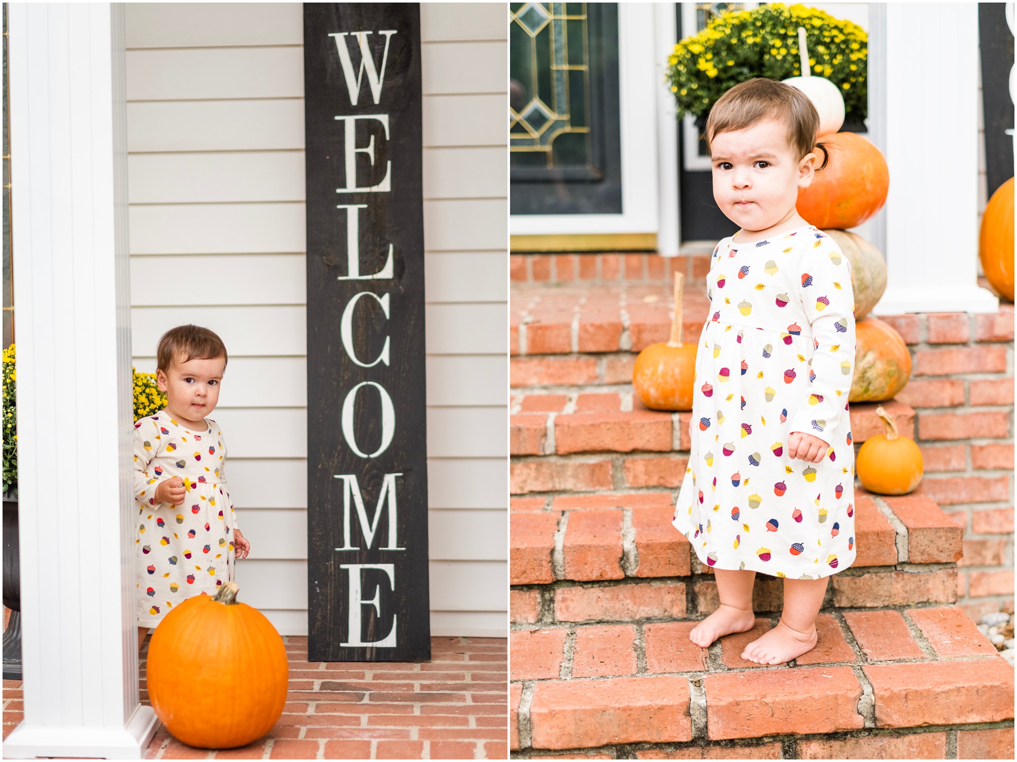 baby standing by the welcome sign