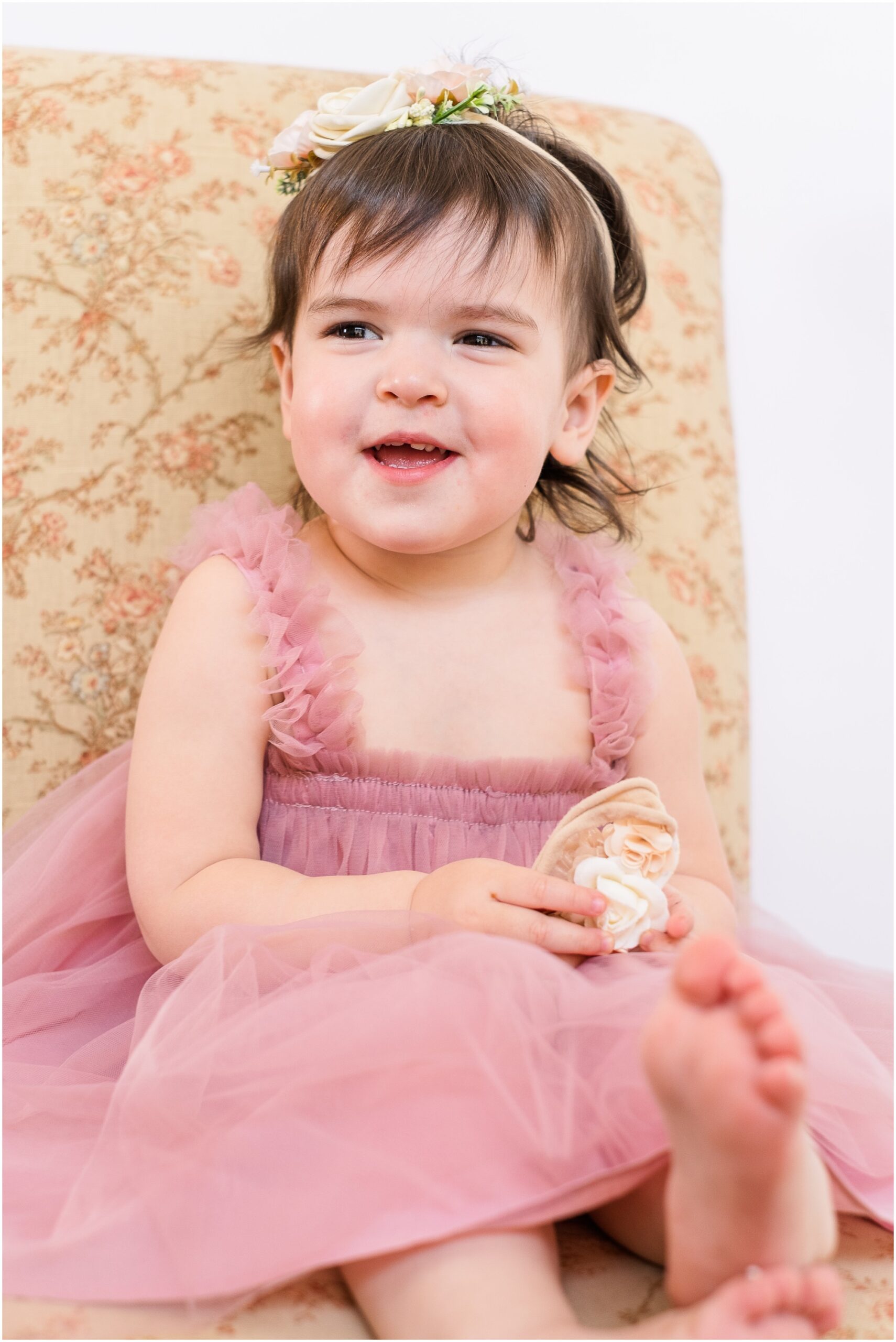 beautiful pink dress and headband for toddler portraits