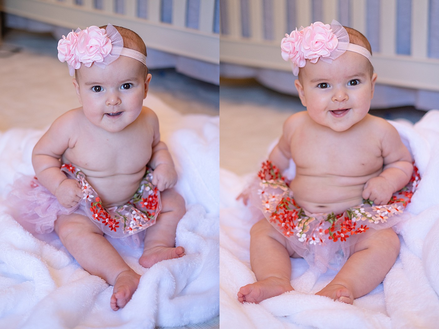 very smiley baby holding tutu in her nursery portraits