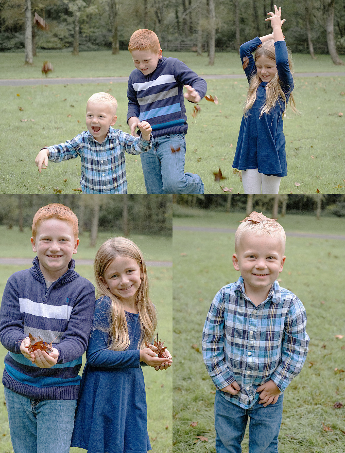 kids playing in the leaves during their family portraits