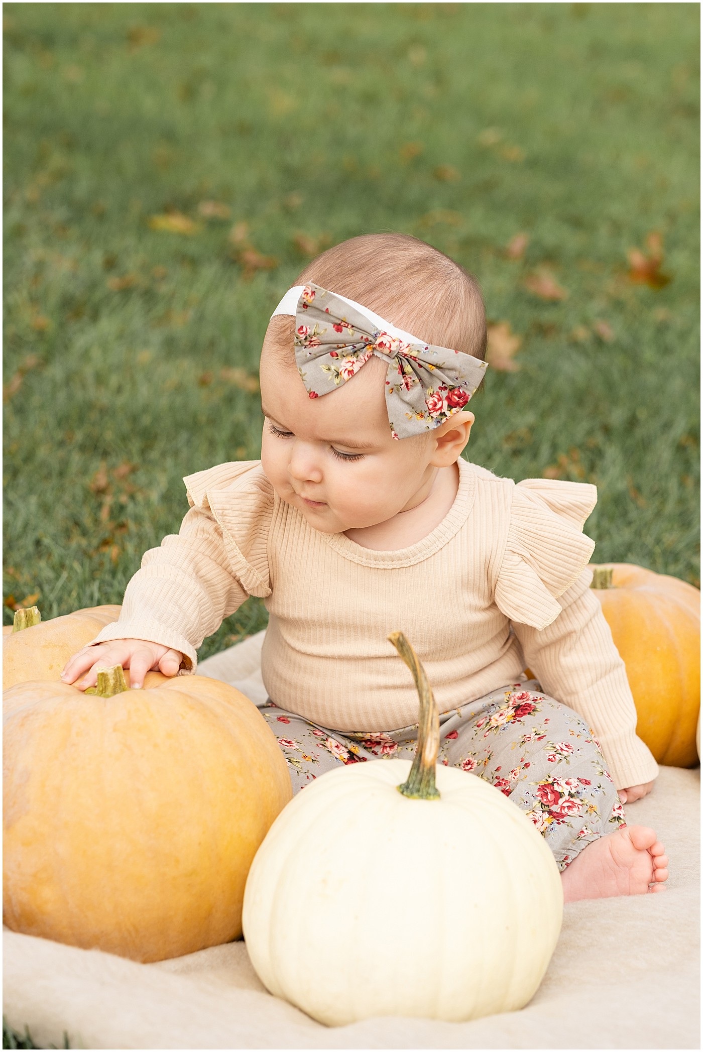 a baby discovering pumpkins