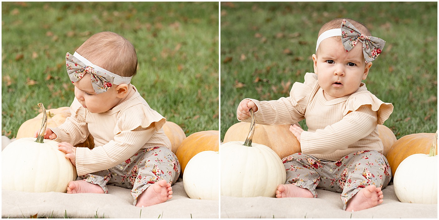 a baby in an autumn outfit surrounded by pumpkins