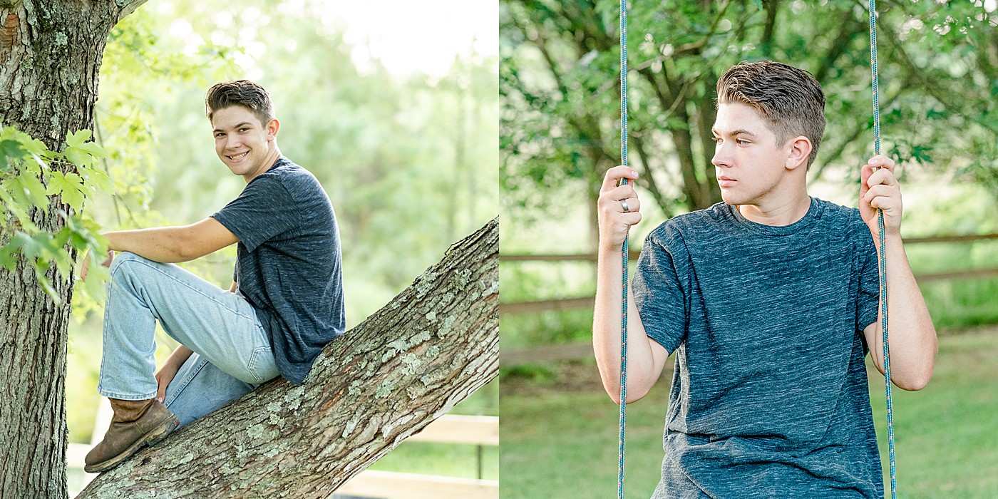 senior portraits in a tree and on a swing