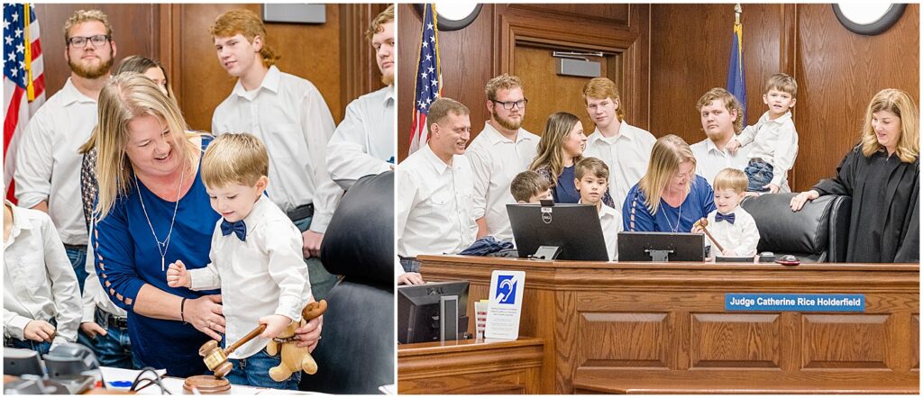 newly adopted boy holding a gavel