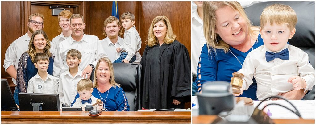 newly adopted boy is all smiles in the judge's seat