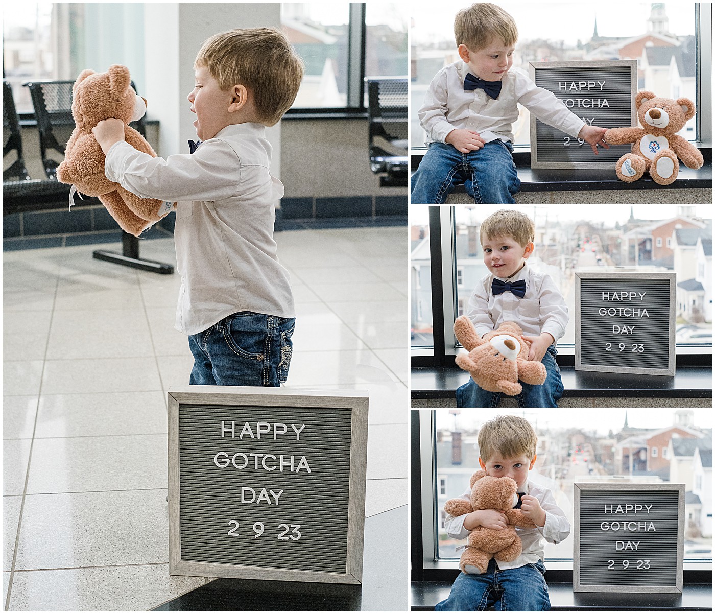 playing with his new teddy bear after the adoption hearing