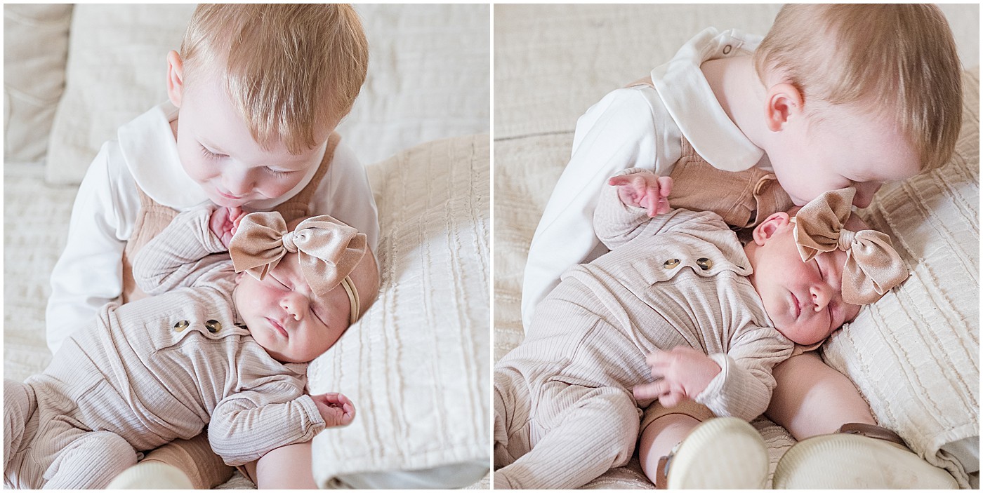 big brother kissing baby sister in newborn session