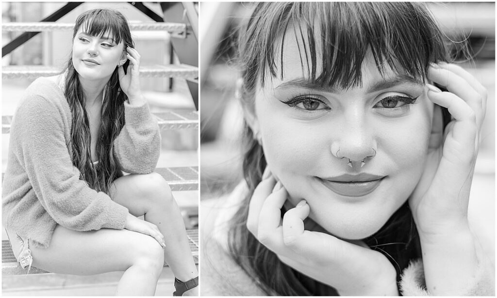 black and white photos of girl on steps