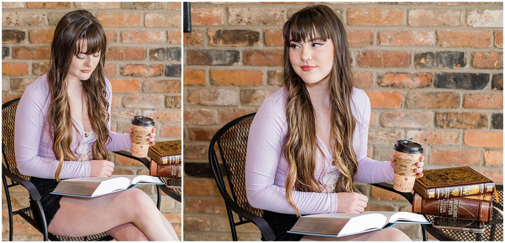 a senior girl in purple shirt reading in a coffee shop