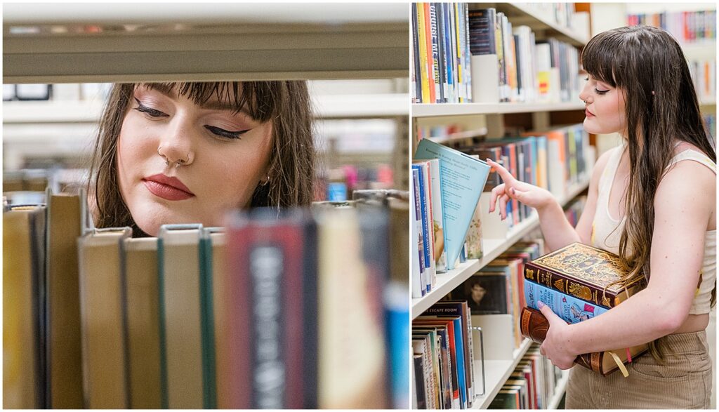 a girl in a library checking out some books