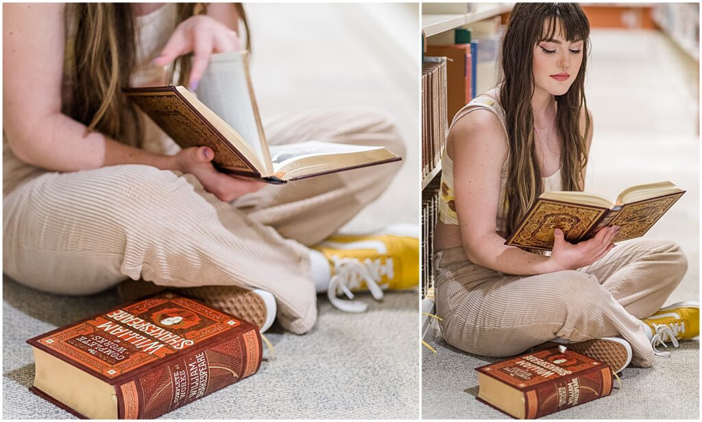 reading a book on the floor of the library