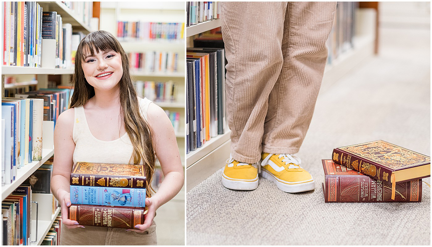 senior girl with yellow shoes checking out a pile of books from the library