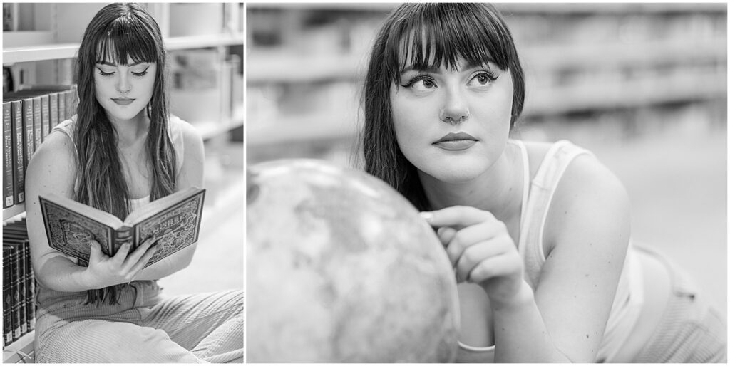 in library with book and globe