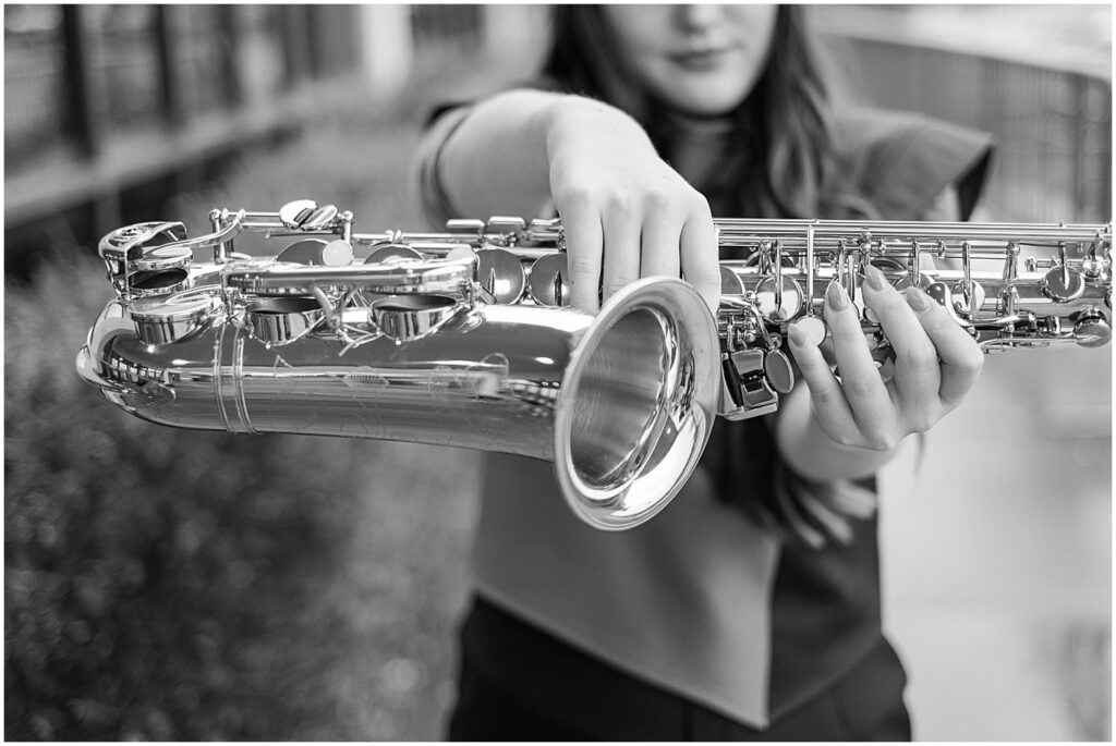 black and white image of saxophone