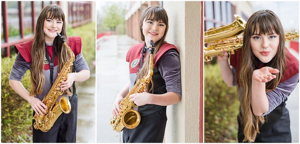 posing with her saxophone in front of Barren County High School