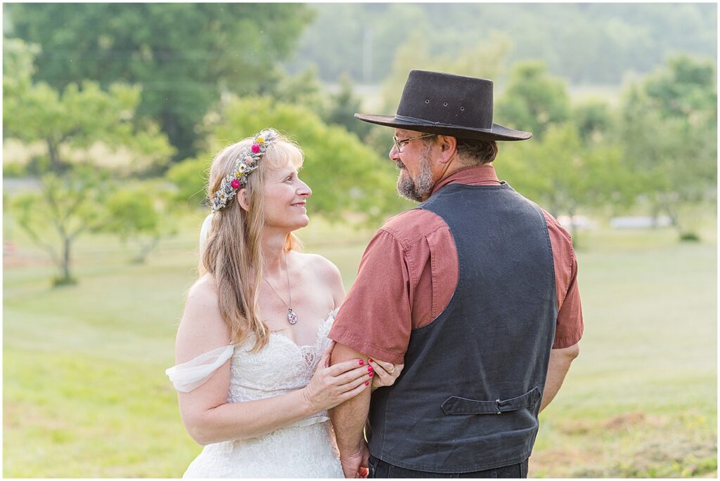 anniversary couple lovingly looking at each other