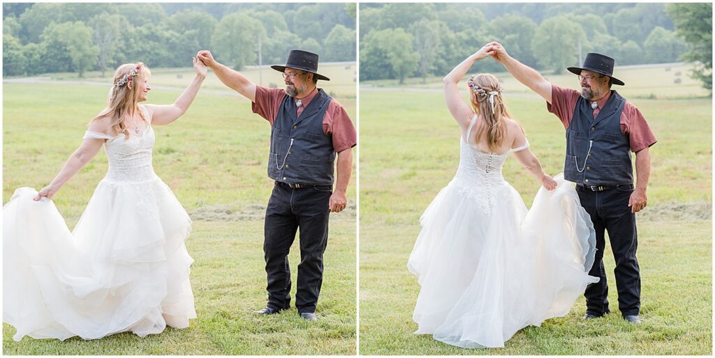 husband twirling his wife in a white gown