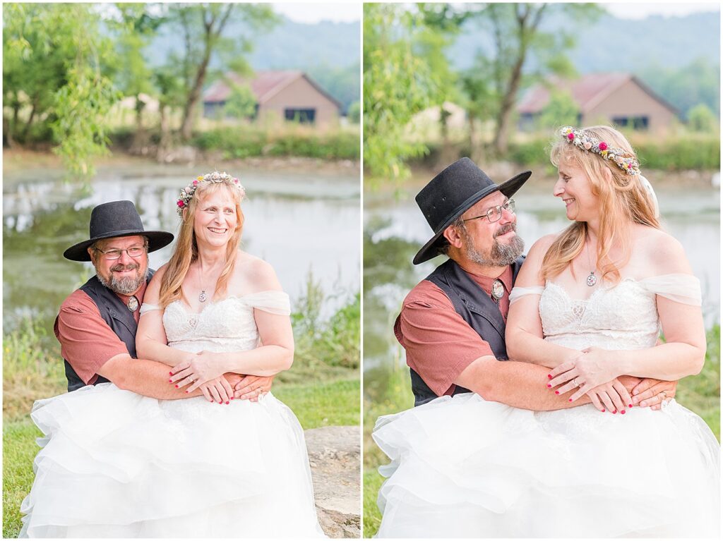 wife sitting on husband's lap during photo session