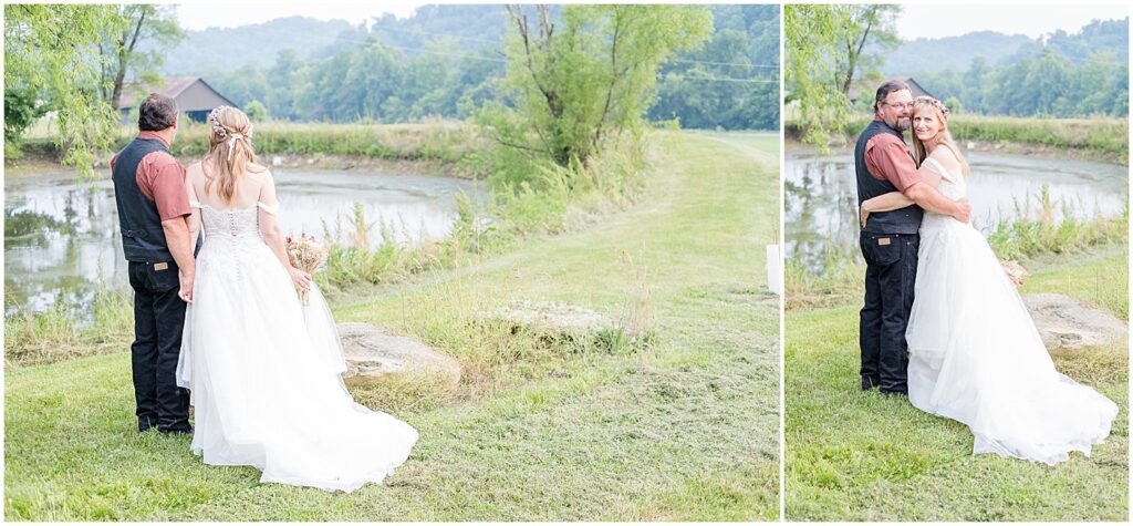 husband and wife in wedding attire overlooking their farm