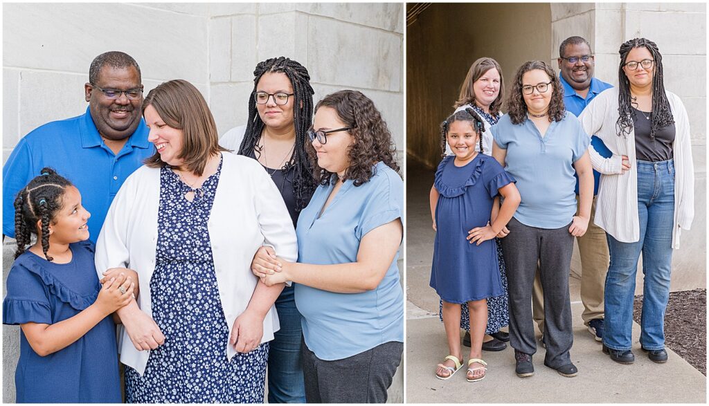 family of five smiling at each other