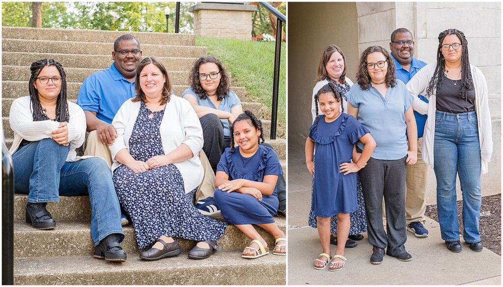 family of five sitting on steps and standing together smiling at the camera