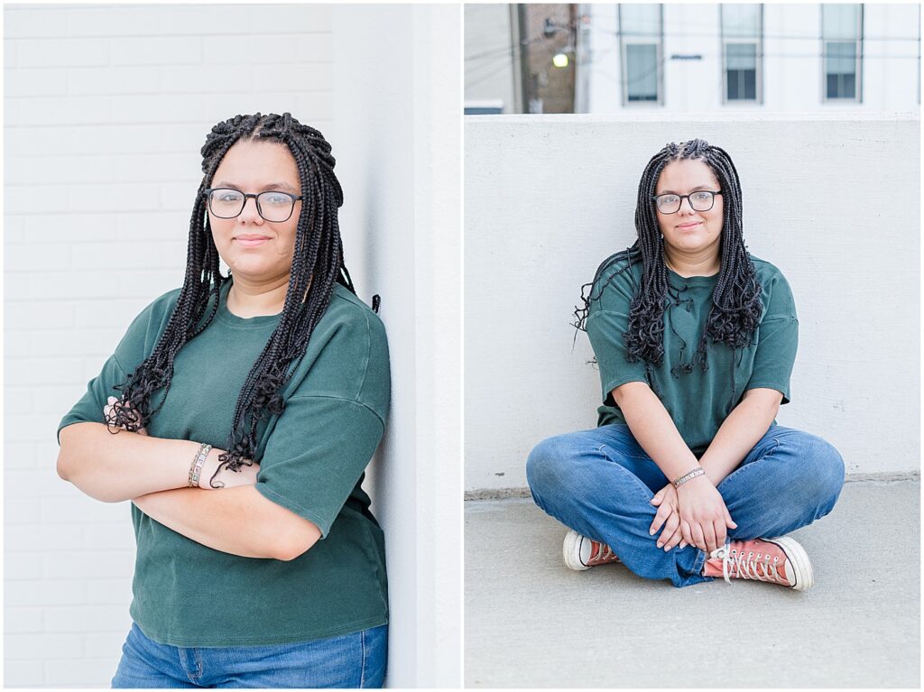 senior portraits leaning against a wall