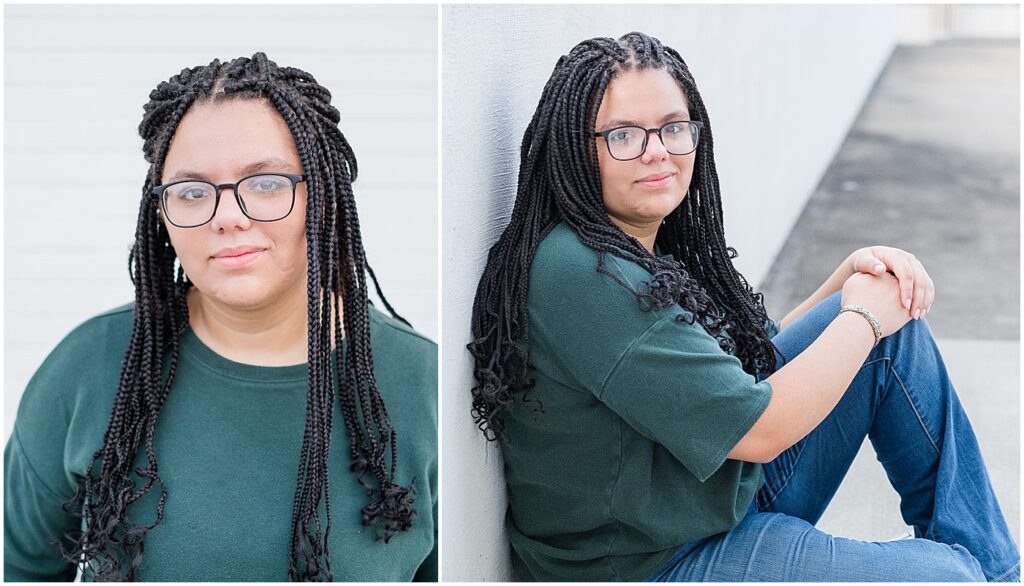 headshot and full body of high school senior girl in green t-shirt