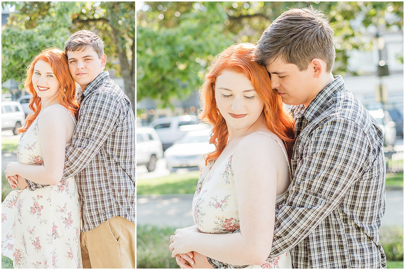 Man in plaid shirt cuddling redheaded woman in sleeveless floral dress.