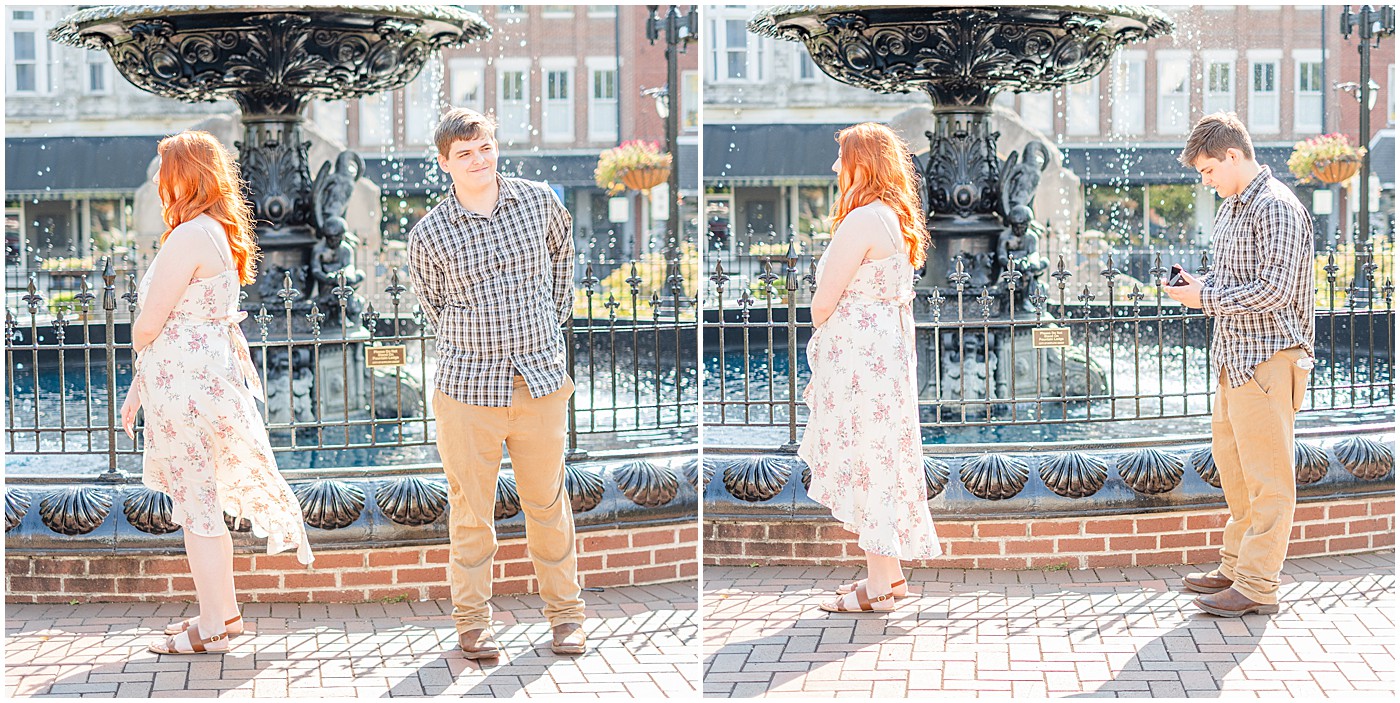 man getting ready for his proposal by the fountain in downtown bowling green ky