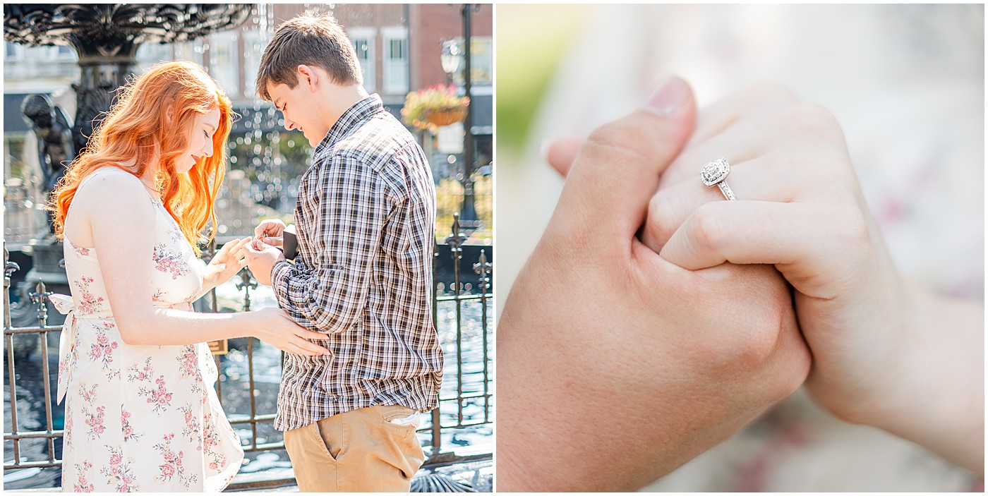 putting the ring on her finger after his proposal at the fountain in downtown Bowling Green KY