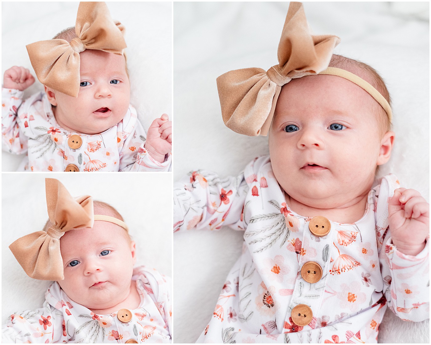 newborn with gold bow on white background