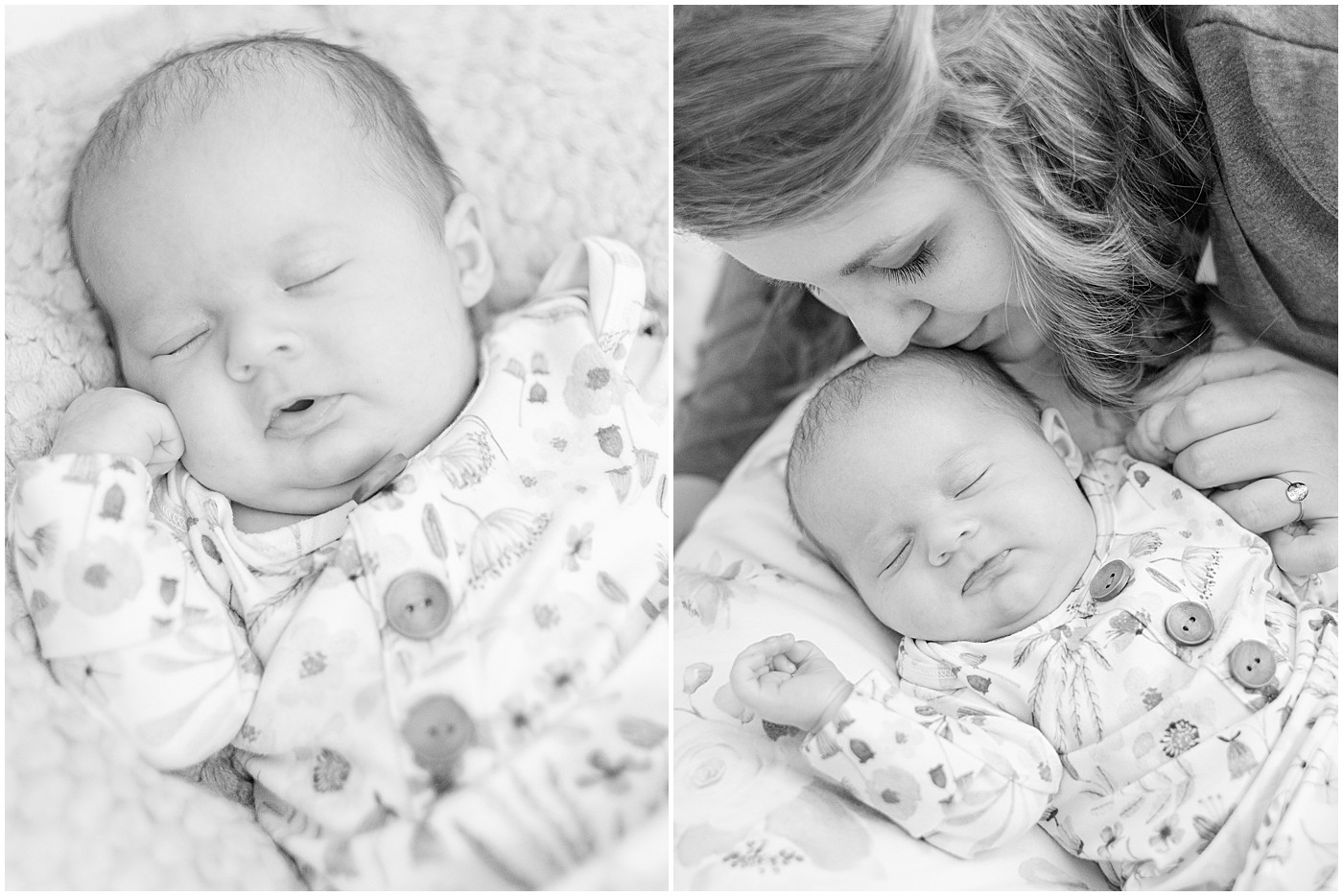 black and white image of mother kissing her newborn baby in this mommy and me session