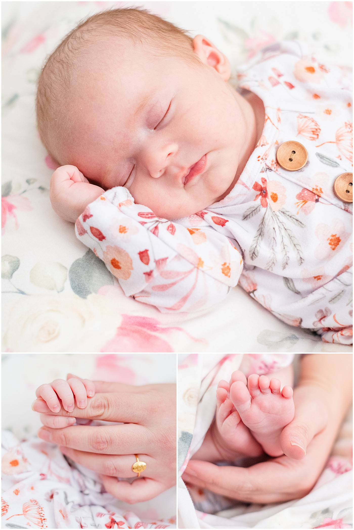 sleeping baby and closeup of her tiny hands and feet compared to mommy's hand