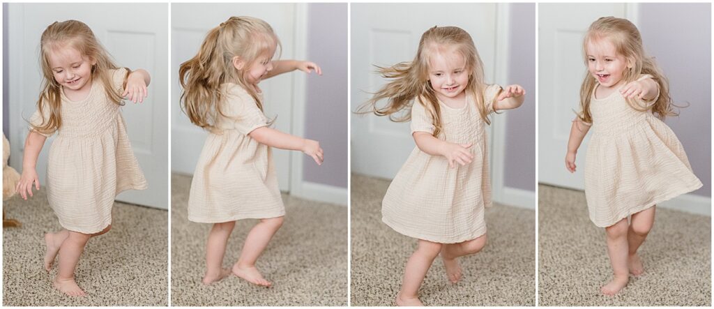 toddler in tan dress spinning in circles