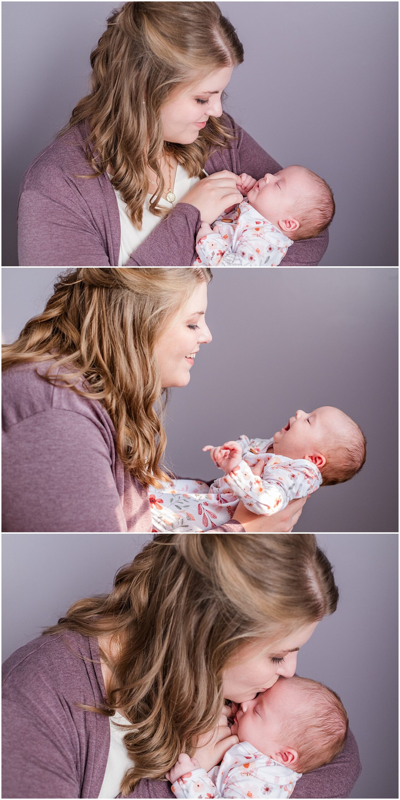 a mother looks at her newborn baby during this mommy and me session