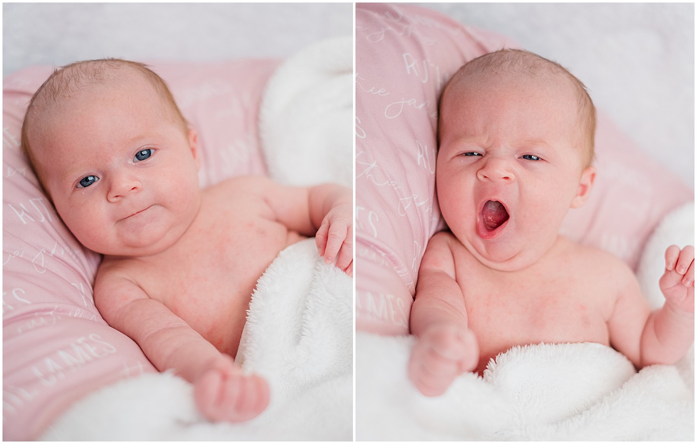 baby wrapped in pink blanket yawning