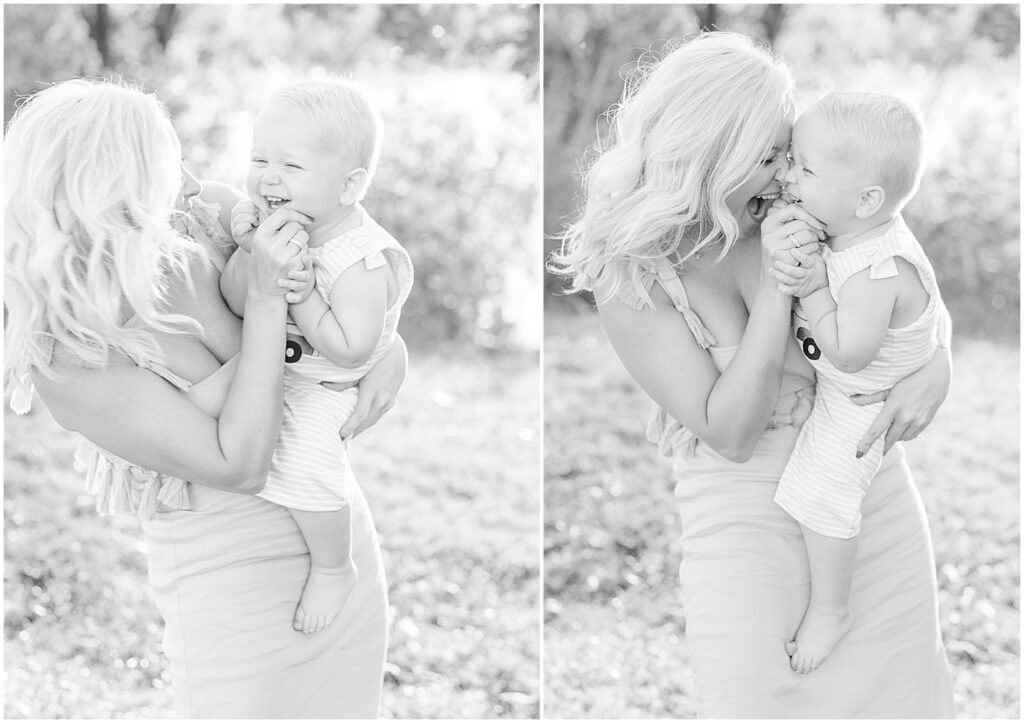 mother and son giggling together in family portraits