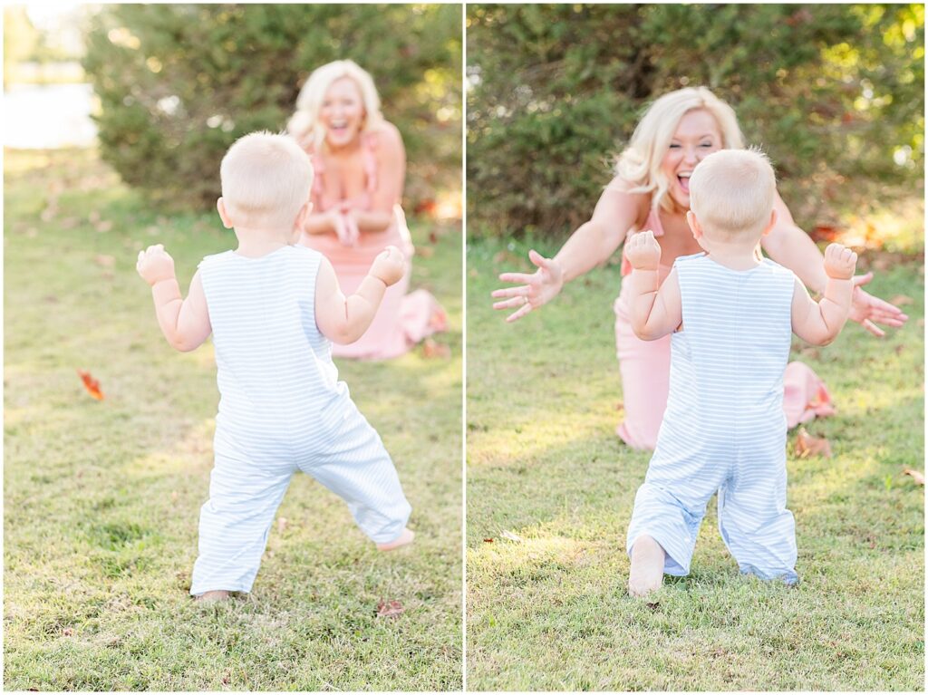 excited mother as her son walks to her