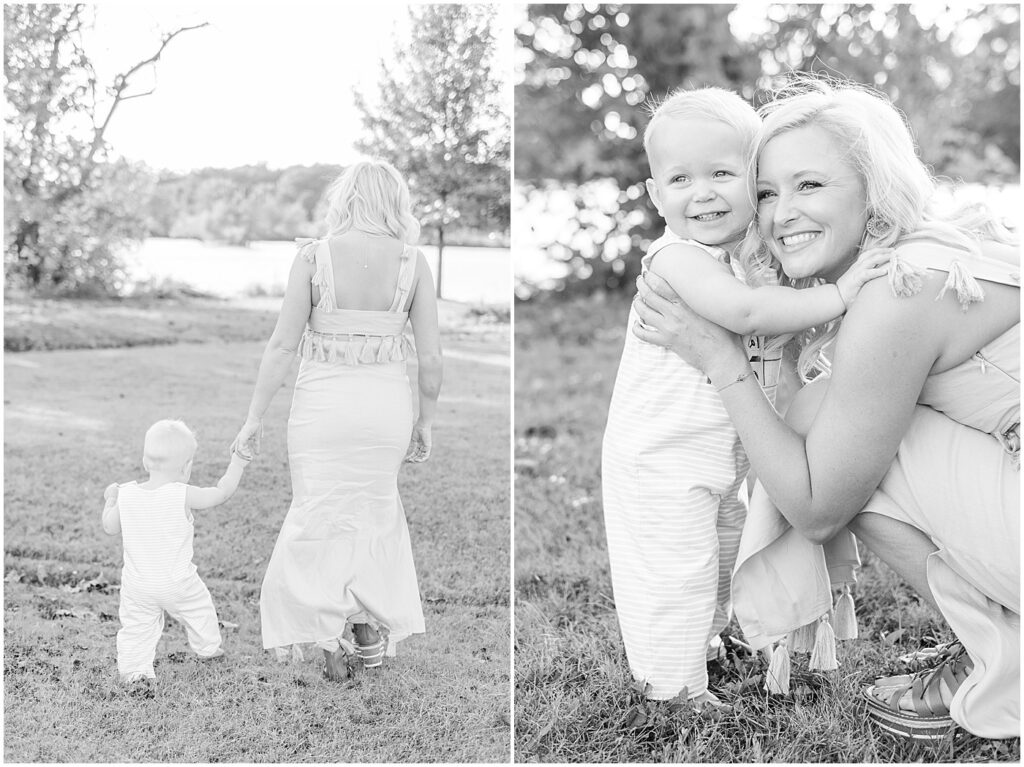 black and white portraits of mother and son walking