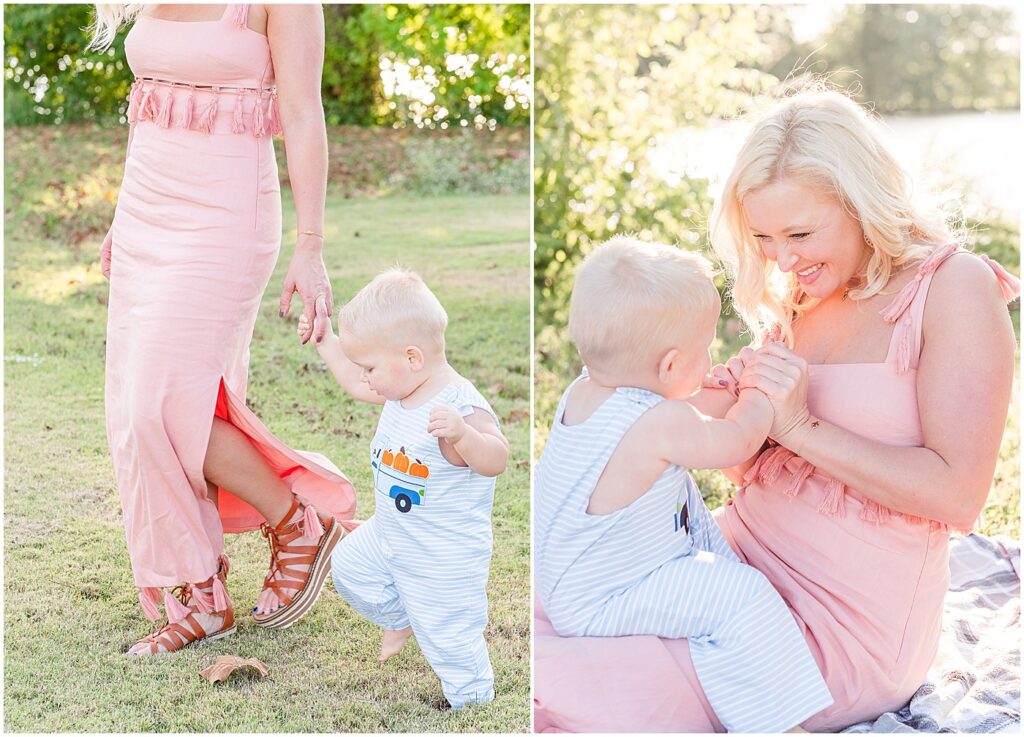 baby walking beside momma