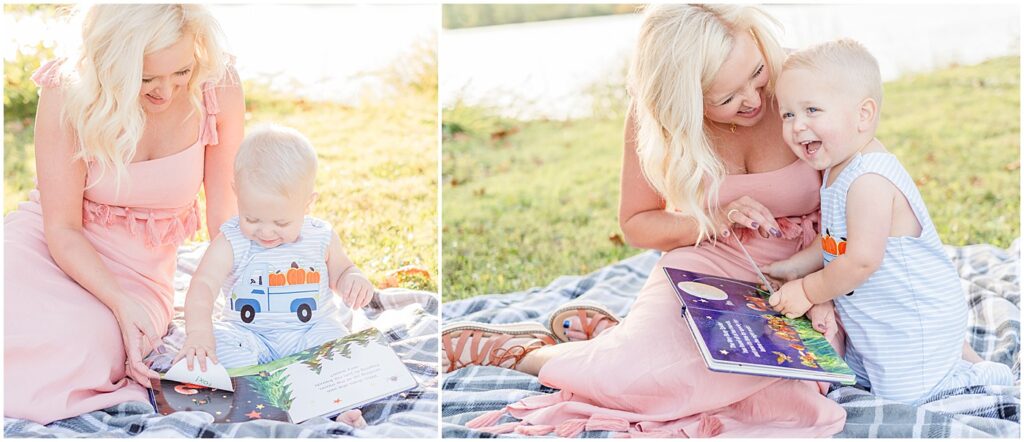 mother and son reading a book on a blanket